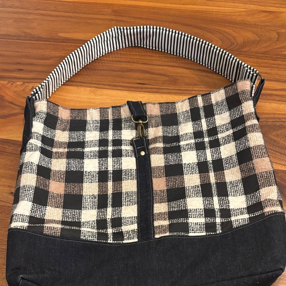 Large Hobo Striped Black White Brown Plaid Denim Purse Handbag